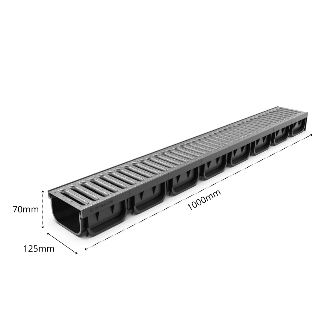 VODALAND - Canaleta de Desagüe Easy 2 con Rejilla de Acero Galvanizado - Kit de 5 Metros para Drenaje de Jardín y Aguas Pluviales | Alta Resistencia para Recoger Agua | Ideal para Terraza