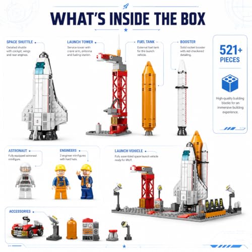 Image of Space Exploration Rocket & Launcher Building Blocks Set, 521+ PCS STEM Aerospace Construction Model Kit for Kids | Educational Building Toy | 1 Year Manufacturing Warranty