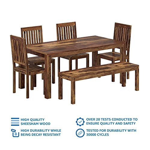 Image of Amazon Brand - Solimo Solid Sheesham Wood Phiara 6 Seater Dining Table with 1 Bench and 4 Cushioned Chairs | Wooden Furniture for Dining Room, Hotel and Home (Natural Finish)