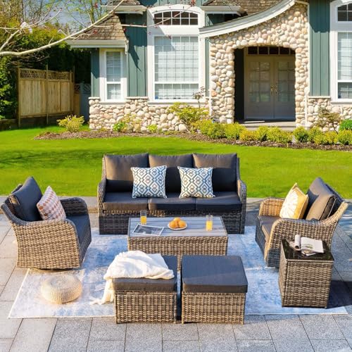 MEISSALIVVE Outdoor Patio Furniture Set with Swivel Chair, 7 Pieces Patio Conversation Set, Patio Sectional Furniture Set with 2 Swivel Rocker Chair & Sofa, 2 Ottomans and Coffee Table (Grey)