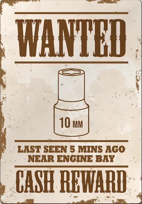 Wanted 10mm Socket Funny Garage Sign, Decor, Classic Car Metal Tin Sign - 8x12 Inch Wall Decor for Home, Garage, Bar, Man Cave, or Office