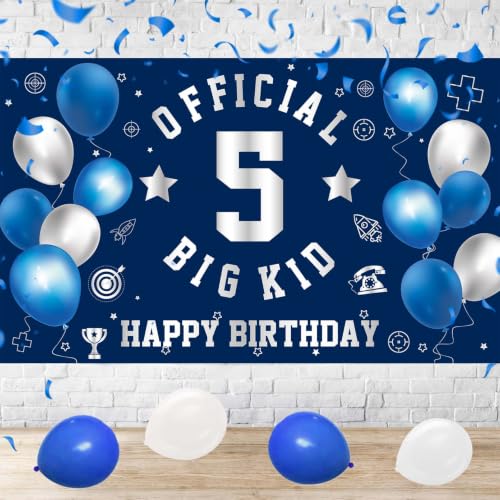 Image of Happy 5th Birthday Banner Backdrop 5th Birthday Decorations for Boys | Large Official Big Kid 5 Year Old Backdrop Fifth HBD Party Decorations Supplies, Navy Blue Silver
