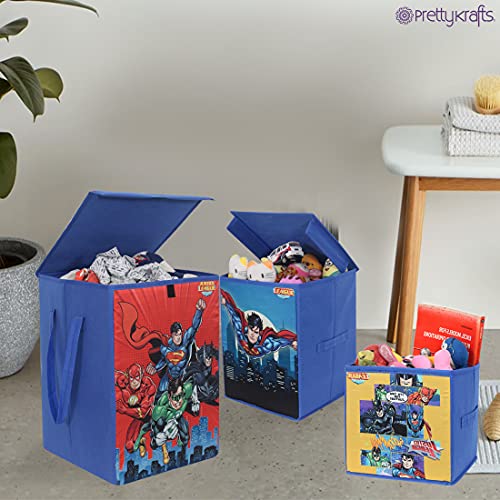 Image of PrettyKrafts Non Woven SuperMan Printed Rectangular Foldable Large Laundry Bag /Toy Storage Box With Lid & Handle, Freestanding Cloth Toy Storage Organizer for Bedroom, Dorm (Multicolor, Combo of 3)