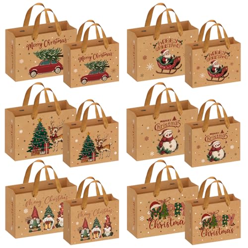 Hretvoi Sacos de 12 peças de presente de Natal, grandes tamanhos diferentes saco de papel Kraft com alças, sacos para presentes reutilizável, saco presente natural com 6 desenhos (30 x 12 x 21 cm/23 x