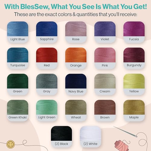 Blessew GDG/0200 Sewing Thread-24 Spools Of Polyester Thread For Sewing Machine For Beginners, Hand Stitching & Quilting-1000 Yds Each In 22 Colors+Bonus Black & White thumb #3