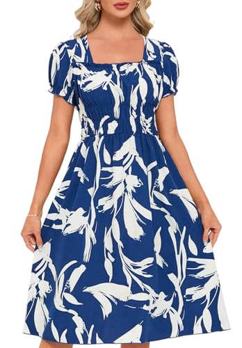 Image of Women's 2026 Summer Boho Floral Midi Dress Casual Square Neck Puff Sleeve A Line Dresses with Pockets