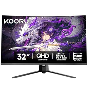 KOORUI 32 Zoll Curved Gaming Monitor, QHD 2560x1440 170Hz 1500R, 1ms HDR10 Bildschirm, Adapitve Sync 2xHDMI & 1xDisplayPort