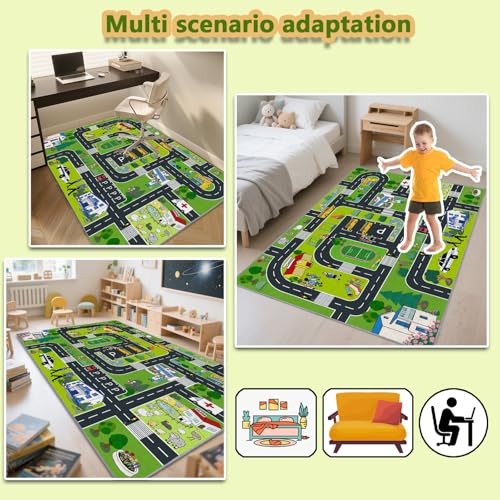 CLAILEIRS Spielteppich Kinderzimmer 120×180 Teppich mit Straßen- für Jungen und Mädchen, die gerne mit Autos Spielen und Rollenspiele | waschbarer rutschfesterSpielteppich Straße