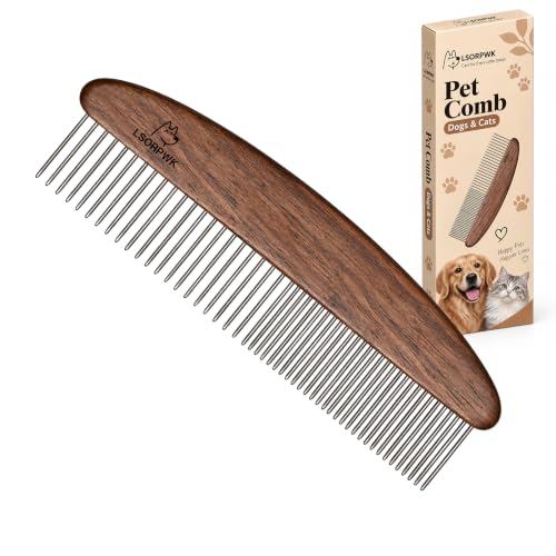 Dog & Cat Grooming Comb, Walnut Wood Handle for Matted Hair & Tangles