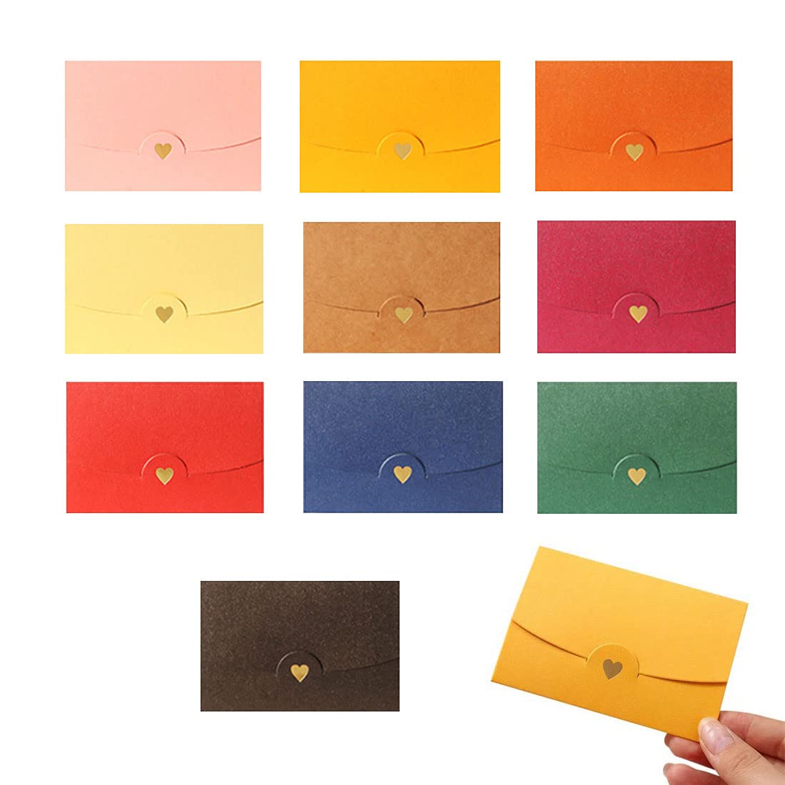 Mini koperty, 10 sztuk, na karty podarunkowe, mini koperty, przycisk serca, na kartki podarunkowe DIY, Boże Narodzenie, Walentynki, urodziny, jako prezent (burgundowy, platyna, różowy, niebieski itd.)