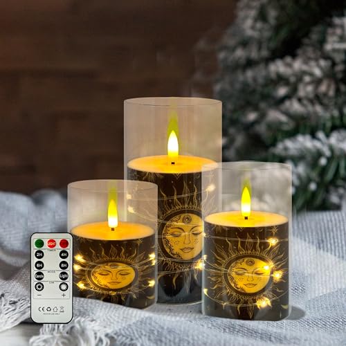 Image of Flickering Flameless Candles Black Moon and Sun, Embedded Star String Lights, Battery Operated Acrylic LED Pillar Candles with 11-Key Remote and Timer for Home Decoration, 3 Pack