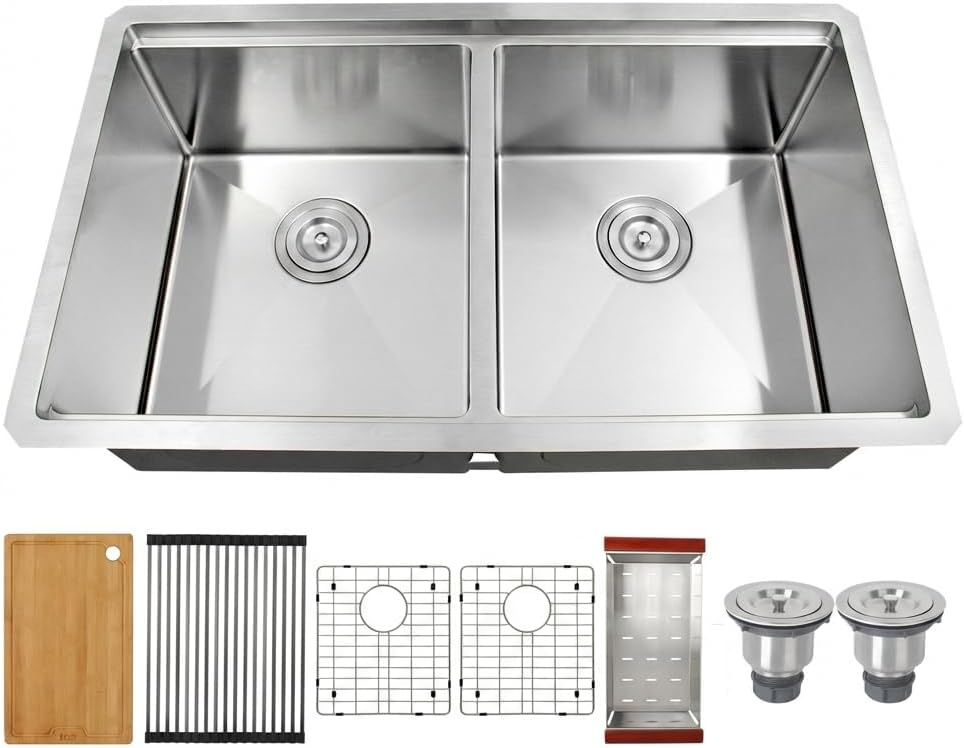 LQS Underemount Kitchen Sink 32 Inch, Stainless Steel Undermount Kitchen Sink 32" x 19", Double Bowl Stainless Steel Kitchen Sinks, Workstation Handmade Sinks with Abundant Accessories, Round Corner