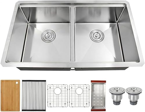 Vista 21 de LQS Fregadero de cocina dorado de 32 x 18 pulgadas, fregaderos de cocina empotrados, fregaderos de acero inoxidable de doble tazón 50/50