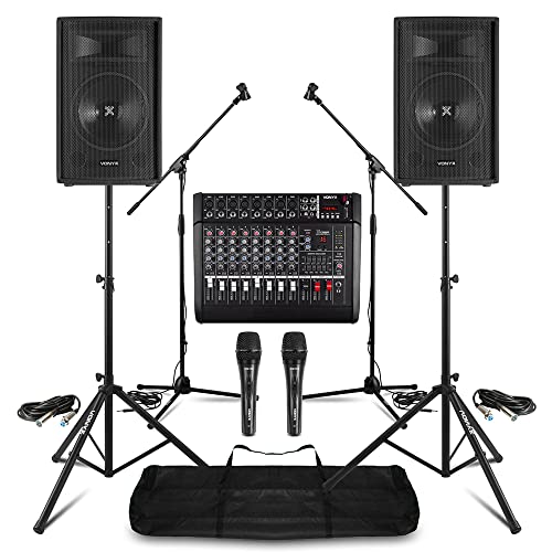 Complete band PA system with 2x 600W 12 passive speakers, 8-channel mixer amp (Bluetooth, DSP), 2 dynamic mics & stands, speaker stands, and cabling, ideal for bands, churches, and events.