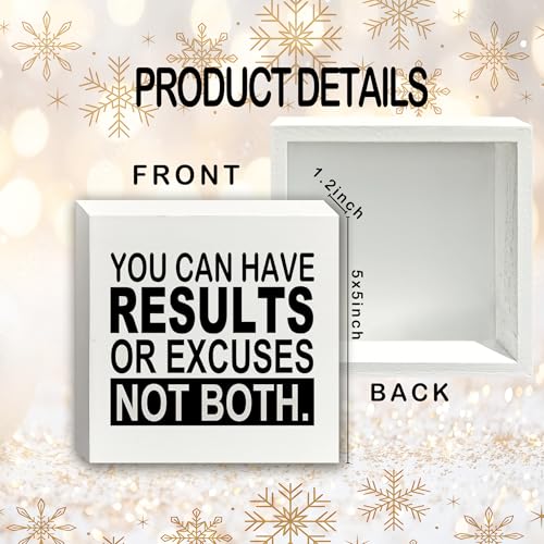 XUNLURY Inspirational Wooden Box Sign, Motivational Gifts for Coworkers, You Can Have Results Or Excuses Not Both Positive Wood Block Sign for Office Home Desk Shelf Table Decor, 5x5 Inch — view 2