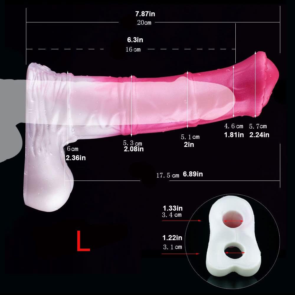 Resuable Penis Sleeve Extender Enlarger Silicone Horse Cock Sleeve Extension Sheath with Stretchy Loop for Men Testicle Ring Male Sex Toys - Large Hole Pink White