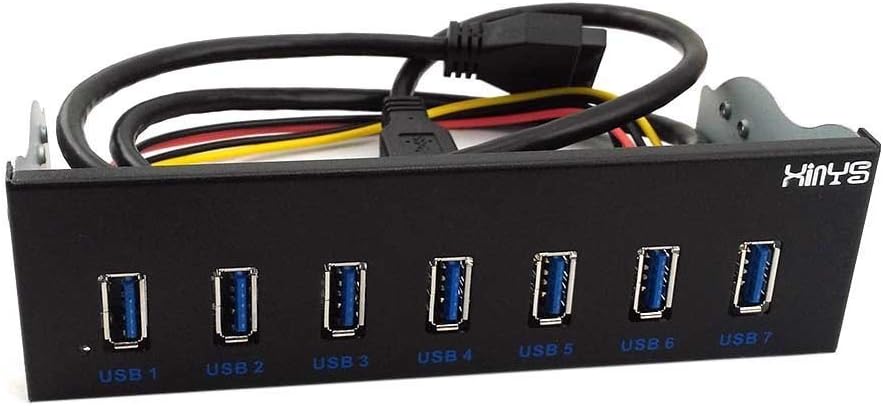 XinYS USB 3.0 7-Ports 5.25 inch Metal Front Panel USB Hub with 15 Pin SATA Power Connector [ 20 Pin Connector & 2ft Adapter Cable]