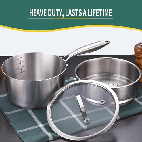 Image of DELARLO Kitchen Tri-Ply Stainless 3-Quart Steamer Set With Glass Lid,with Ergonomic Handle, Multipurpose Sauce Pan, Sauce Pot,oven safe