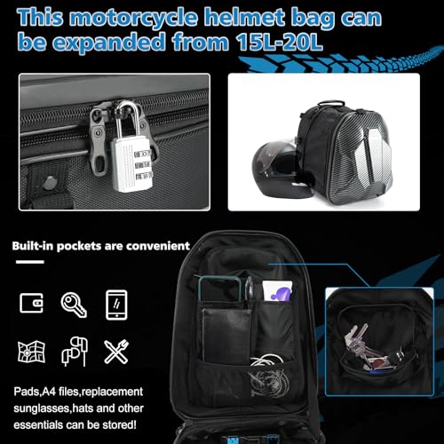 Bolsa de Cola para Motocicleta SUNPIE 15L-20L Expandible Mochila para Casco con Carcasa Dura ABS Impermeable Color Carbono miniatura 6
