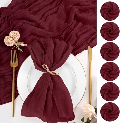 24 Pièces Serviettes en Étamine Bordeaux 50x50 CM Serviettes en Tissu en Vrac Serviette de Table en Gaze Boho Rustique Serviette de Table Lavable pour...