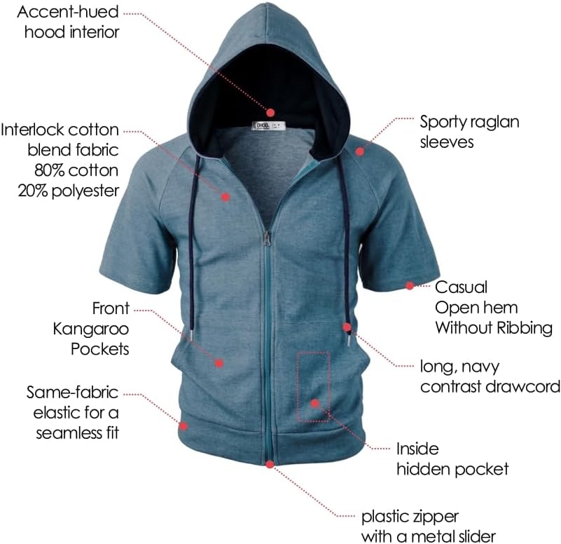 Ohoo Mens Slim Fit Zip up Hoodie Cotton Blend Soft Fabric Short Sleeve Lightweight Comfy Basic Jacket with Kanga Pocket