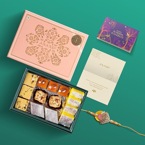 Image of ANAND Sweets Raksha Bandhan /Rakhi Assorted Mithai Gift box | Assorted Sweets (375g) + Rakhi + Greeting card combo /Rakhi Set | Mouth Watering Pure Desi Ghee sweets | For brother, sister, bhabhi