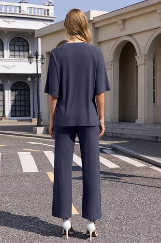 Image of difficort 2 Piece Lounge Sets for Women Summer Outfits Vacation Loungewear | Knit Raglan Short Sleeve Wide Leg pant with Pockets