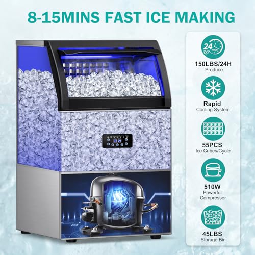Image of Commercial Ice Maker Machine, 150lbs /24H with 45Lbs Storage Bin, 55Pcs Ice Cubes 8Mins, Tap Add Water Freestanding Ice Maker Commercial for Home Bar Office