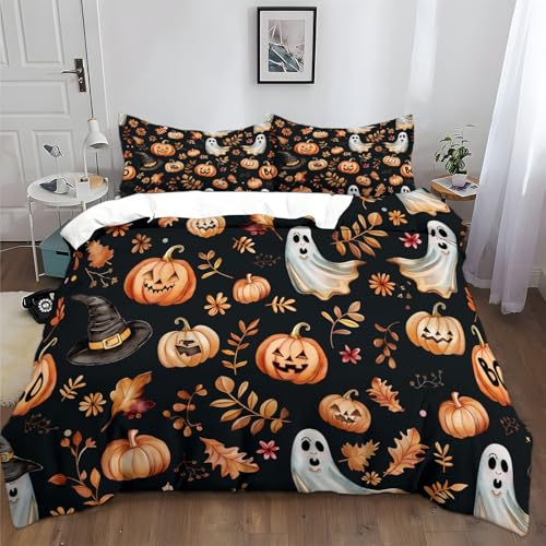 XCQHZYQ Duvet Cover Sets Single 135x200 cm Halloween Pumpkin Ghost Soft Quilt Bedding Set for Adults Printed Duvet Cover with 2 Pillow Cases Breathable Hypoallergenic Comforter Cover