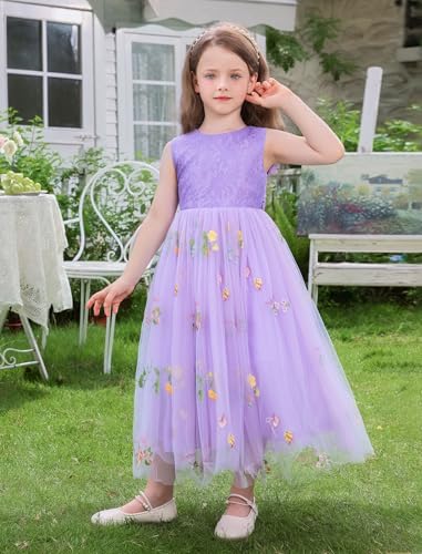 EULIMENE Junior Bridesmaid Dresses Flower Girl Dress Sleeveless Floral Tulle Pageant Dress Princess Dresses for Party Wedding Birthday Purple 9-10Y — view 2