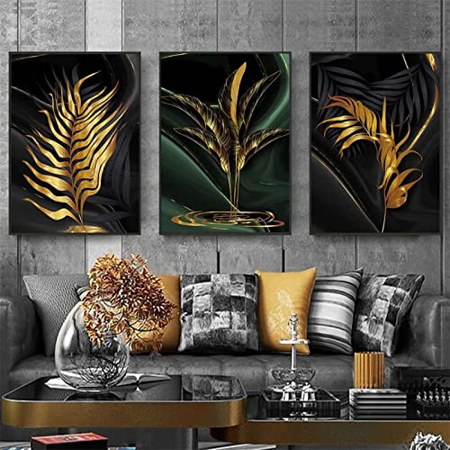 Yimze 3 Pack 5D Diamond Painting Set Full Schwarze goldene Blätter Diamant Malerei Vollbohrer Stickerei Mosaik Malerei Strass Kreuzstich Kunst Handwerk für Wand Und Eingang Dekorationen 30x40cm Round