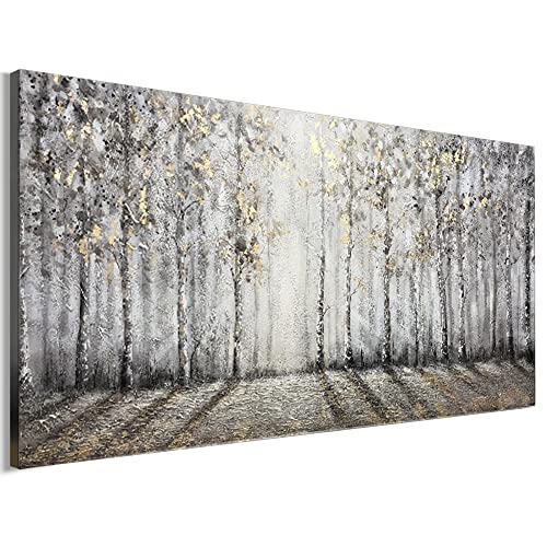 Canvas Wall Art Abstract Gold Leaf Birch Forest Oil Painting on Canvas, Large Original Hand-painted 3D Textured Gold Foil Acrylic Painting Wall Art Decor for Living Room, Bedroom, Gallery Wrapped Canvas, Framed Inside Ready to Hang