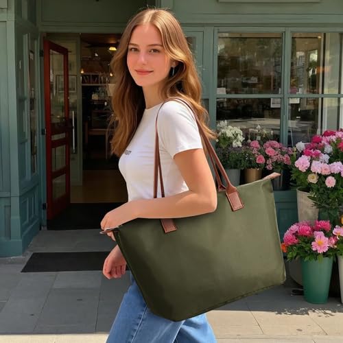Image of Tote Bag for Women, Casual Hobo Bag Vegan Leather Top-Handle Purse Foldable Shoulder Nylon Zipper Handbag