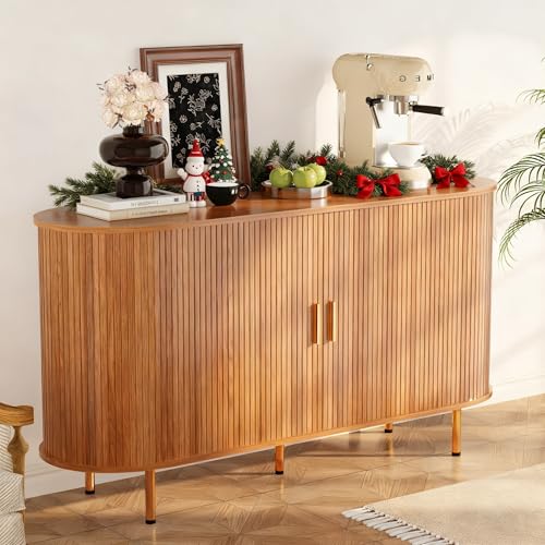 DHH Sideboard Buffet Cabinet with Storage,Mid Century Modern Fluted Accent Coffee Bar Console Table,Tambour Sliding Doors& Adjustable Shelf for Kitchen, Living Room, Entryway(Yellow Walnut 55 Inch)
