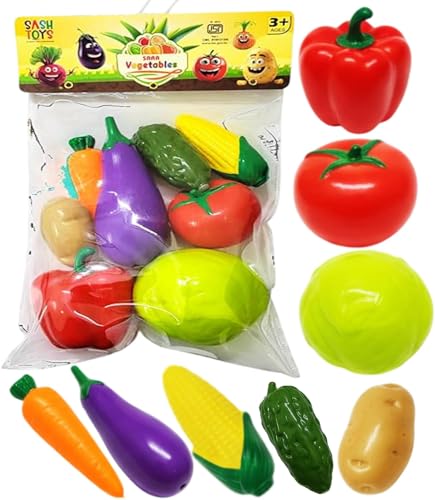 Image of SHAKTISM Pretend Play Plastic Fruits and Vegetables Toys for Kids, Kitchen Food Cooking Toy Set, PVC Material, Realistic Learning Playset for Boys and Girls (Vegitable 8Pc Set)