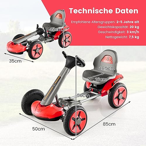 DREAMADE 12V Elektroauto Gokart mit LED-Licht & EIN-Tasten-Start-Funktion, Kinder Elektro Kart mit verstellbarem Sitz und Lenkrad, Pedal Go Cart für Kinder 2-5 Jahre alt (Rot) – Bild 7