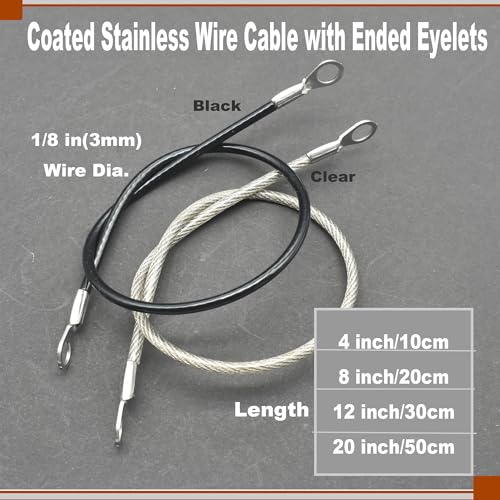 Floyutin 10 Pcs 1/8"(3mm) Wire 20" Vinyl Coated Stainless Steel Cable with Eyelets Short Wire Rope Lanyard Lock Security Chain Link for Outdoor Gates, Clear(1/8"x20")