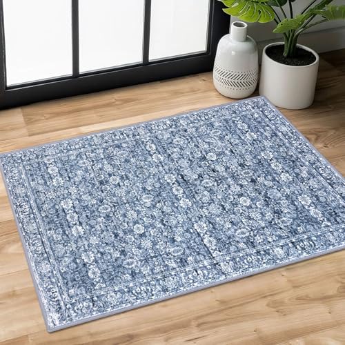 2x3 Blue Washable Rugs for Entrance, Soft Distressed Floral Area Rug, Non-Slip Low-Pile Doormat for Entryway, Dorm, Bedside, Foyer, Indoor Door Mat