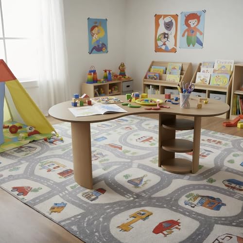 Image of Kids Table Activity Table with Storage, Toddler Art Table for Kids Ages 3-8, Solid Wood Train Tables Desk for Drawing /Crafting, 39 inch L Half-Moon Play Tables for Boys /Girls /Classroom, Natural