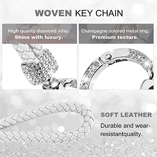 Kppower Silver Diamond-Studded Leather Car Keychains Metal Keyrings Braided Rope Keychain For Men And Women, With 3 Keyrings, Anti-Loss D-Ring, Bling Metal Round Clip And Screwdriver (White) #TOP3