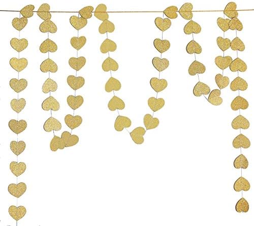 Koker Glitter Paper Heart Garland Banner, Heart-Shaped Hanging String Decoration for Weddings or Party Backdrop, Baby Shower, Glitter Gold, 13 Feet/4 m