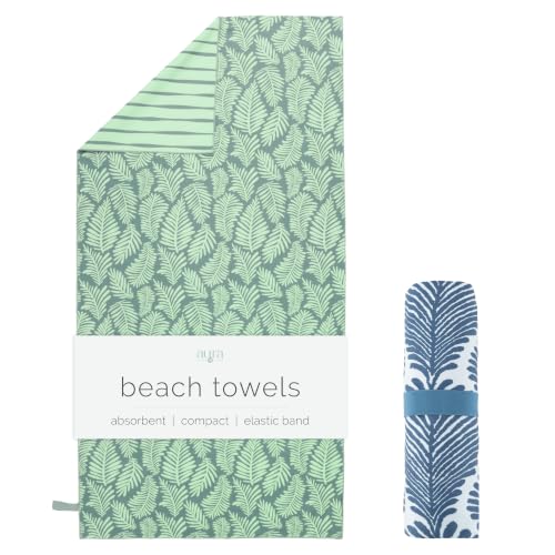 S&T INC. Aura Beach Towel 2 Pack Quick-Dry Pool Towels with Elastic Band for Travel Gym and Yoga Sand Resistant 35 inches x 70 inches Leaves
