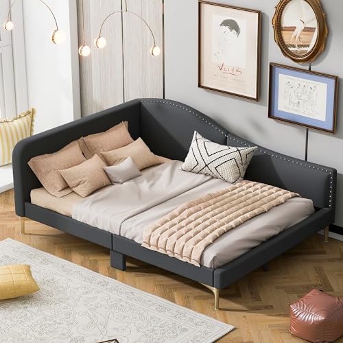 Ball & Cast Full Size Daybed with Golden Metal Legs,Linen Upholstered Daybed Frame with Nailhead Trim and Wood Slat Support,No Box Spring Needed,Grey