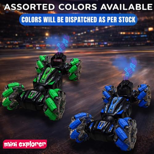 Image of MiniExplorer 2.4GHz 4x4 Gesture Sensor RC Smoke Stunt Car | Hand Gesture Control Double Sided 360 Spinning Drift Car with Spray Mist, Lights & Music | High Speed Off Road Remote Control Toy for Boys