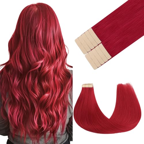 GOO GOO Tape in Hair Extensions Human Hair Red 18inch 25g 10pcs Colored Tape ins Human Hair Extensions Silky&Soft Invisible Tape Ins Hair Highlighted for Party