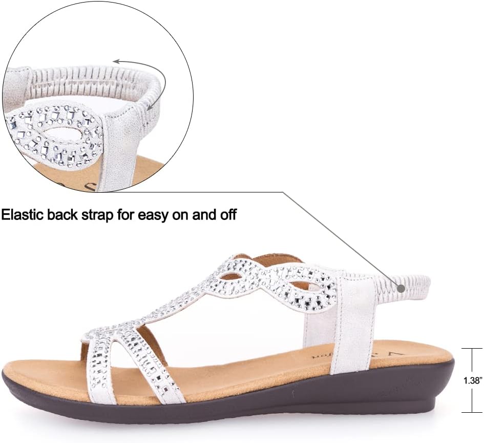 VJH confort Women’s Flat Sandals,Comfort Elastic Strap Rhinestone Open Toe Slip-On Casual Walking Sandals - Image 3