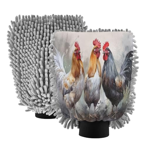 Flradish 2 Pack Vintage Rooster Car Wash Mitt Chenille Microfiber Lint-Free Scratch Free Ultra-Soft Absorbent Car Wash Mitt 11.8x8.07 Inch