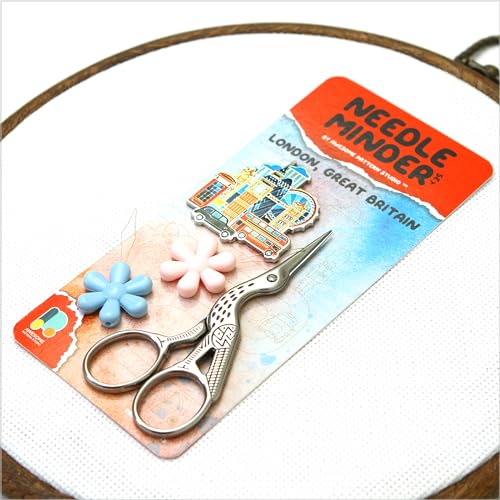 Image of Awesome Pattern Studio Needle Minder Set - London Magnetic Needle Minder + 2 Needle Threaders + Crane Scissors. Enamel Pin for Cross Stitch, Embroidery and Craft
