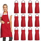 DUSKCOVE 12 Pack Plain Bib Aprons with 2 Pockets - Red Unisex Commercial Apron Bulk for Kitchen Cook