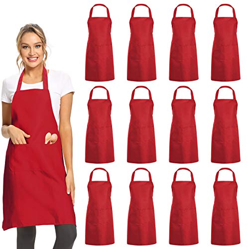 Image of DUSKCOVE 12 Pack Plain Bib Aprons with 2 Pockets - Red Unisex Commercial Apron Bulk for Kitchen Cooking Restaurant BBQ Painting Crafting